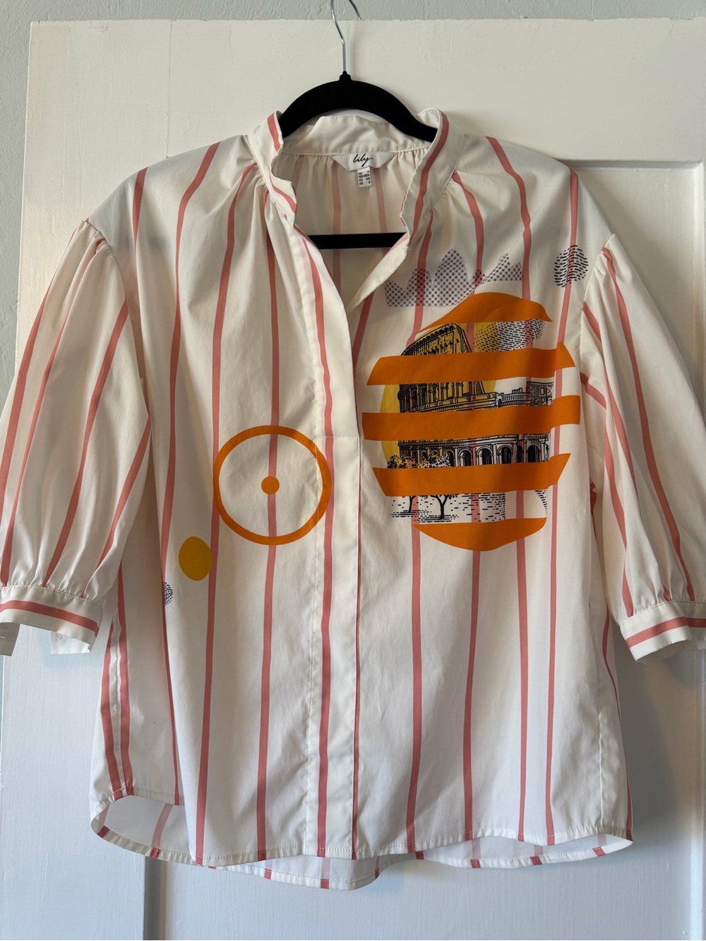 Lily Size 2 White Button-Up Shirt with Coral Stripes & Orange Graphic